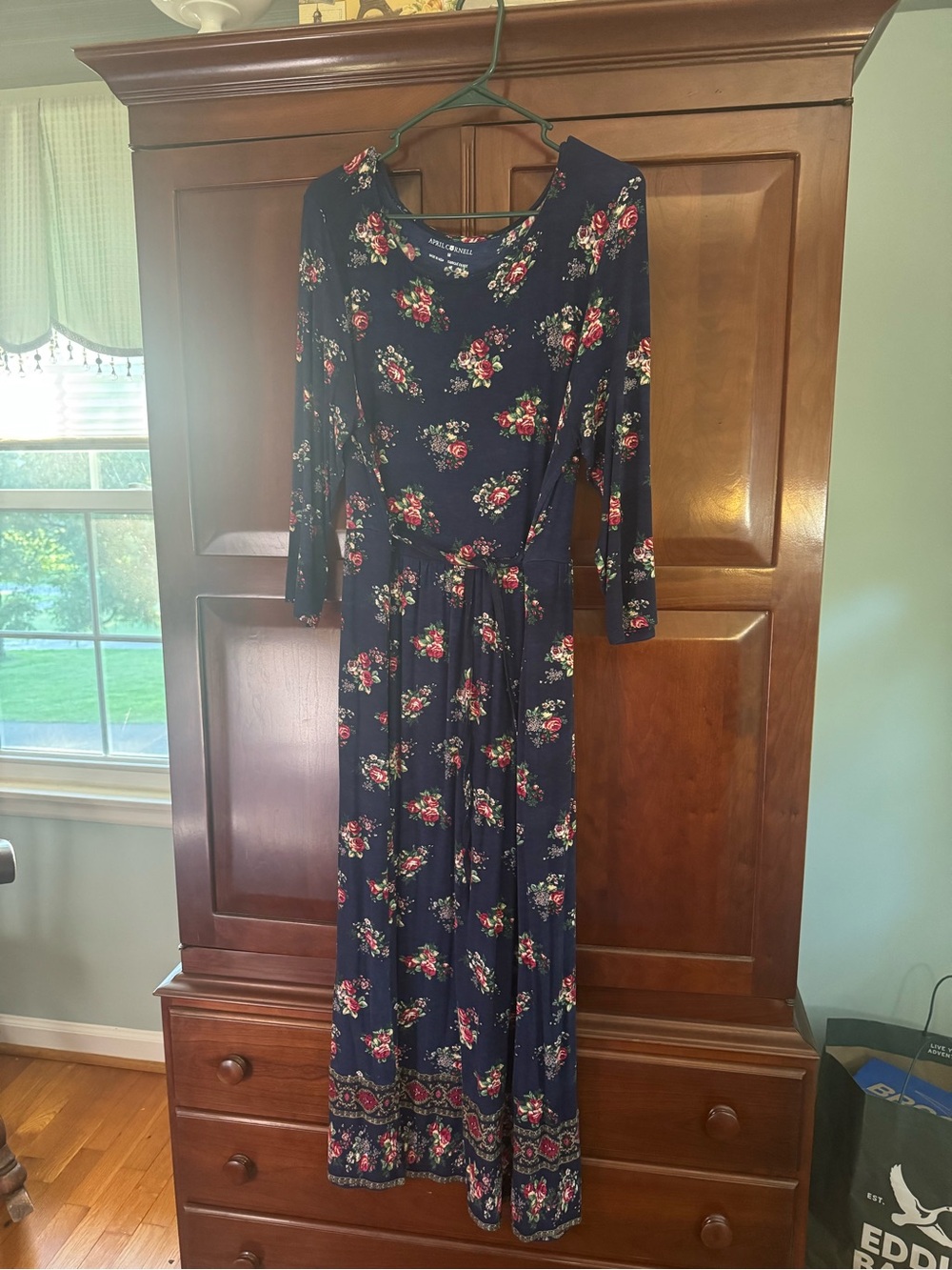 April Cornell Navy Floral Maxi Dress with Pink Rose Print